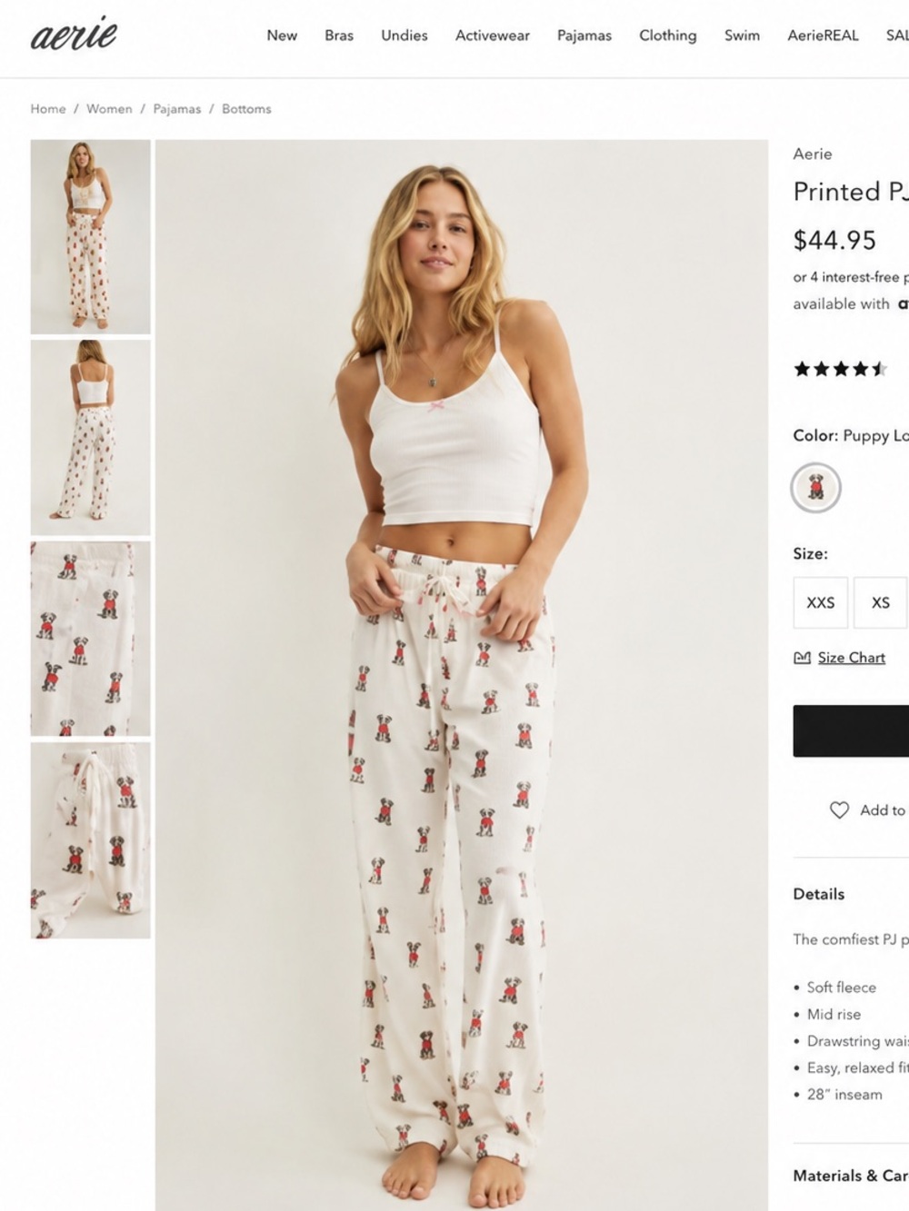 aerie Cream PJ Pants with Red Puppy Print